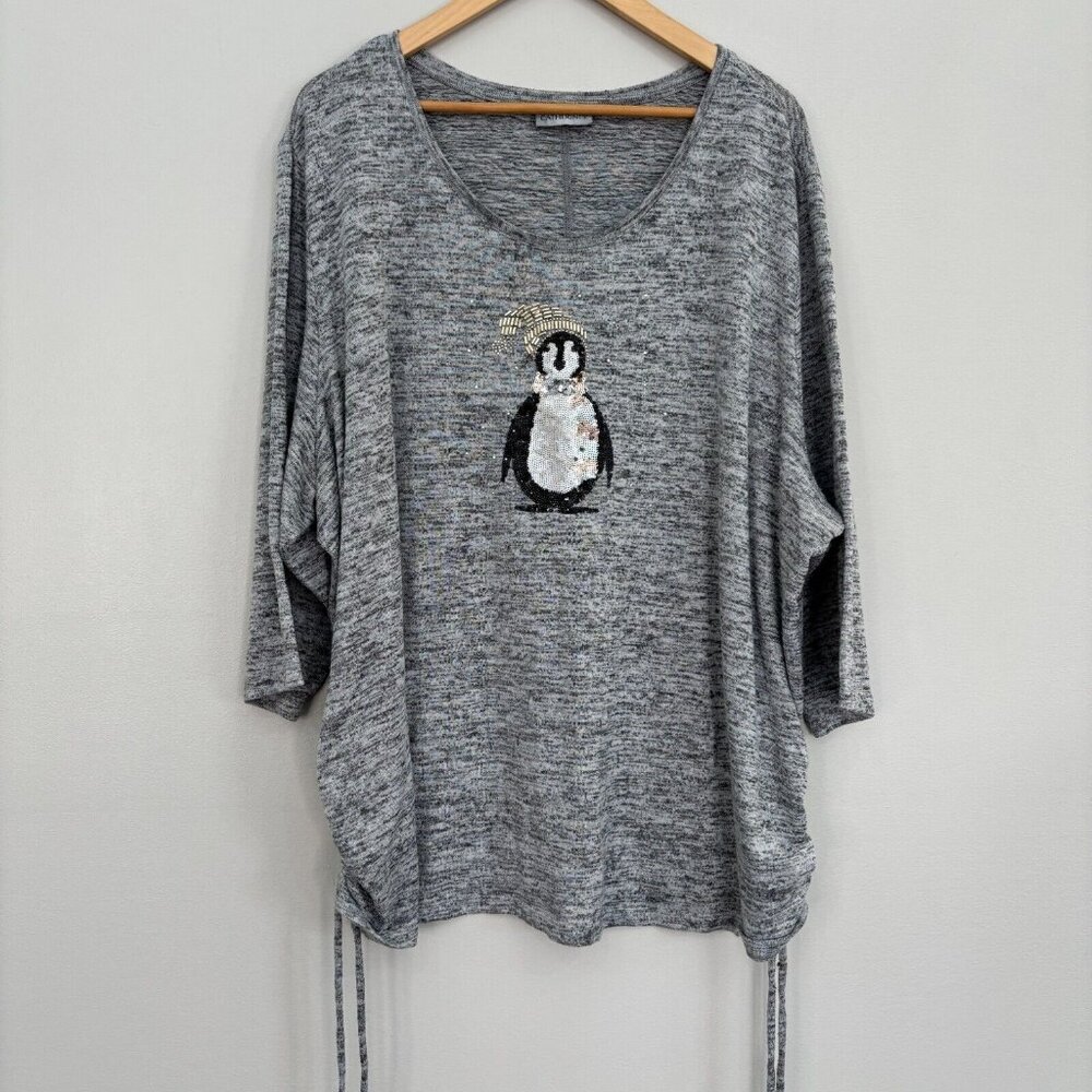 Catherines Knit Top 3X Gray Sequin Beaded Penguin Cinched Sides 3/4 Sleeves